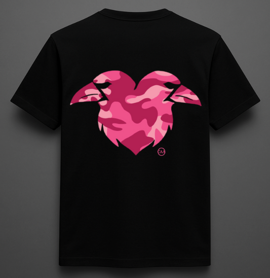 Black t-shirt with pink heart-shaped design on a gray background