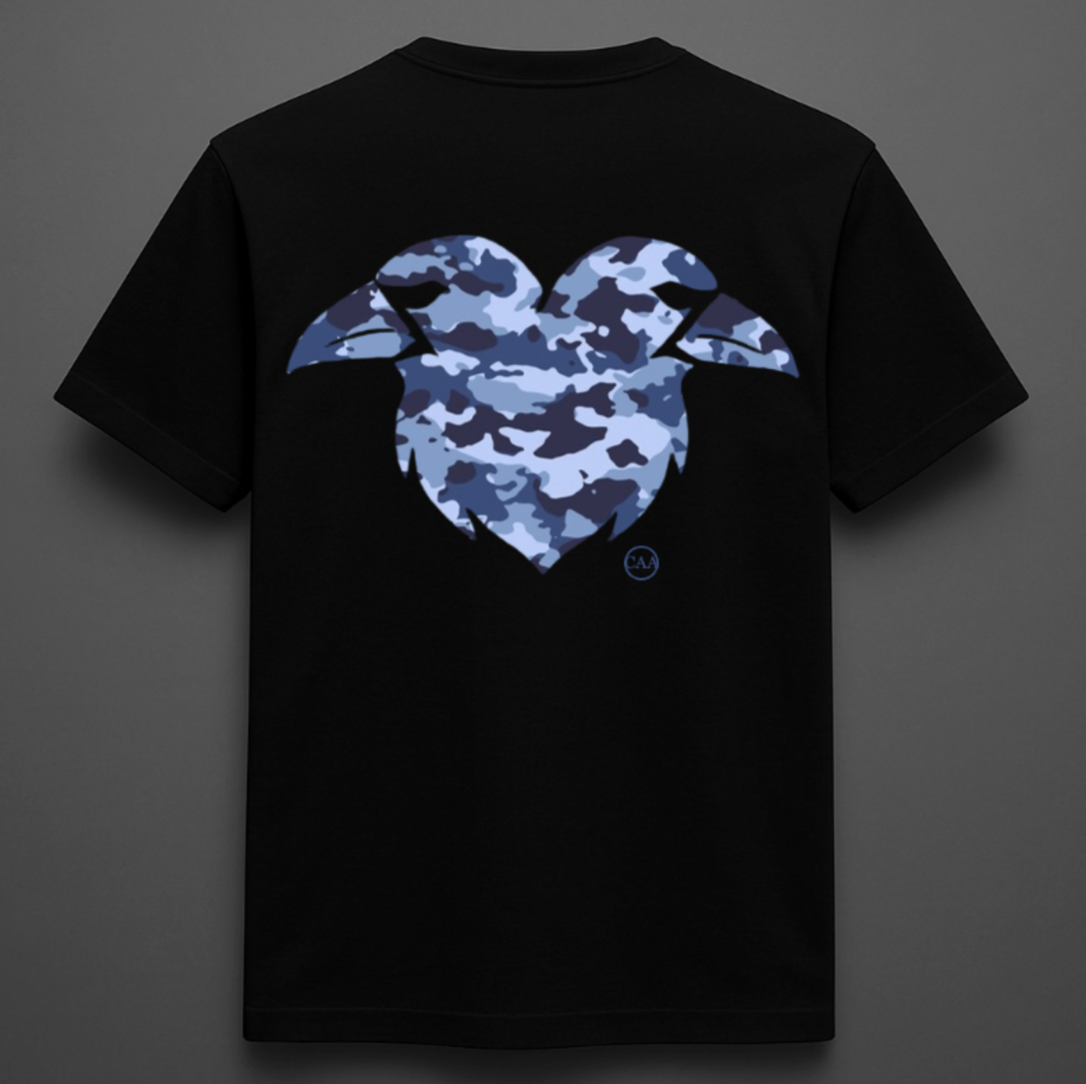 Black t-shirt with blue camouflage heart design on a gray background