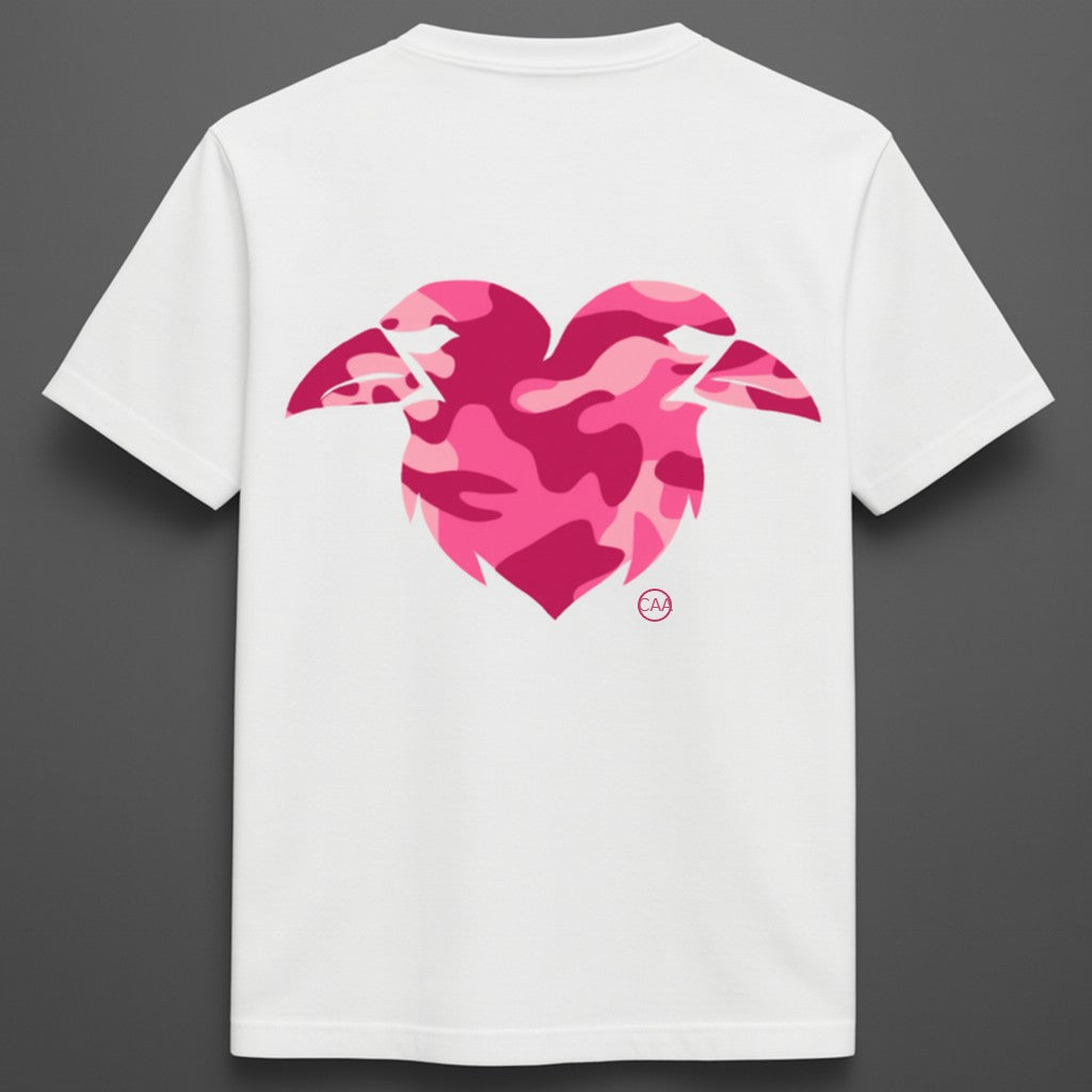 White t-shirt with pink heart-shaped camouflage design on a gray background