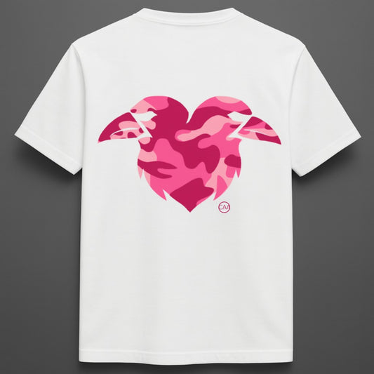 White t-shirt with pink heart-shaped camouflage design on a gray background