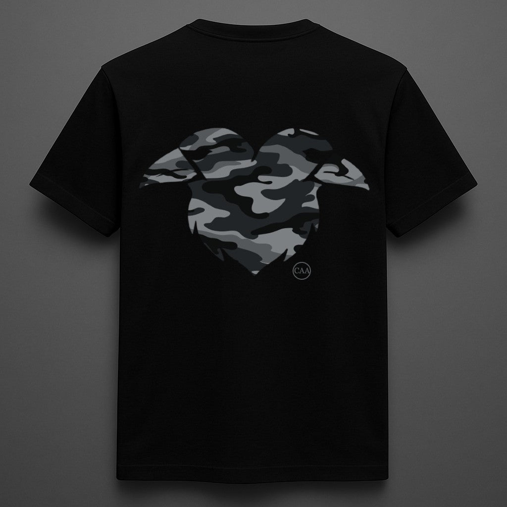Black t-shirt with camouflage heart design on a dark background